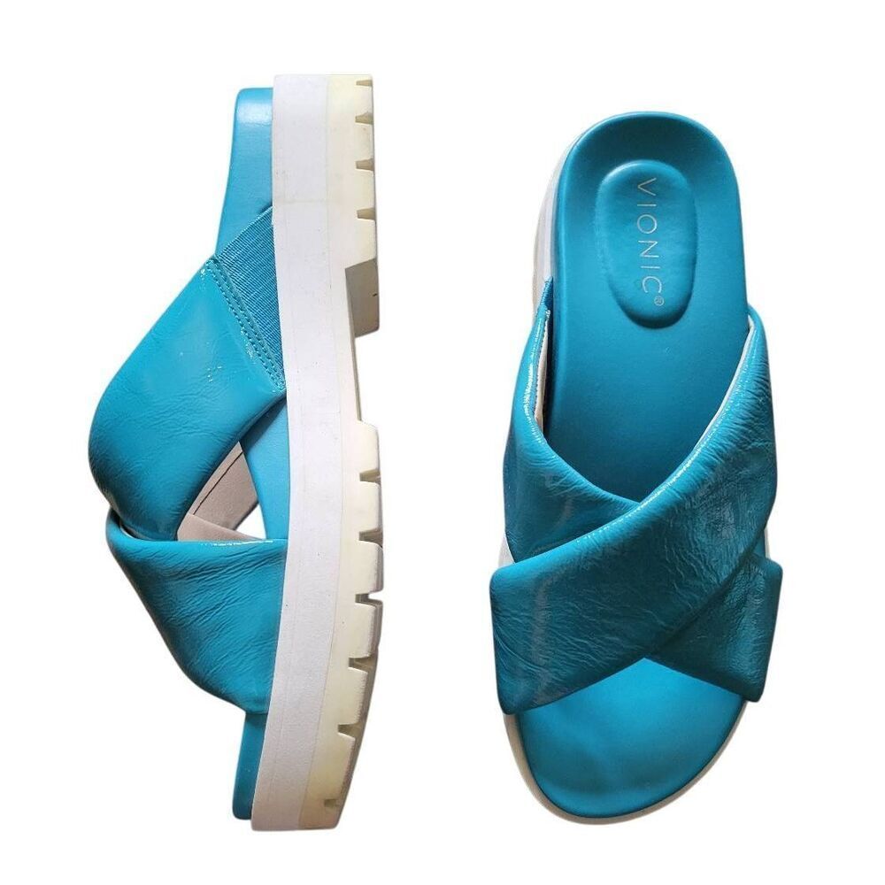 Vionic Sandals Women's 8 Turquoise Blue Vest Patent Leather Slide Platform